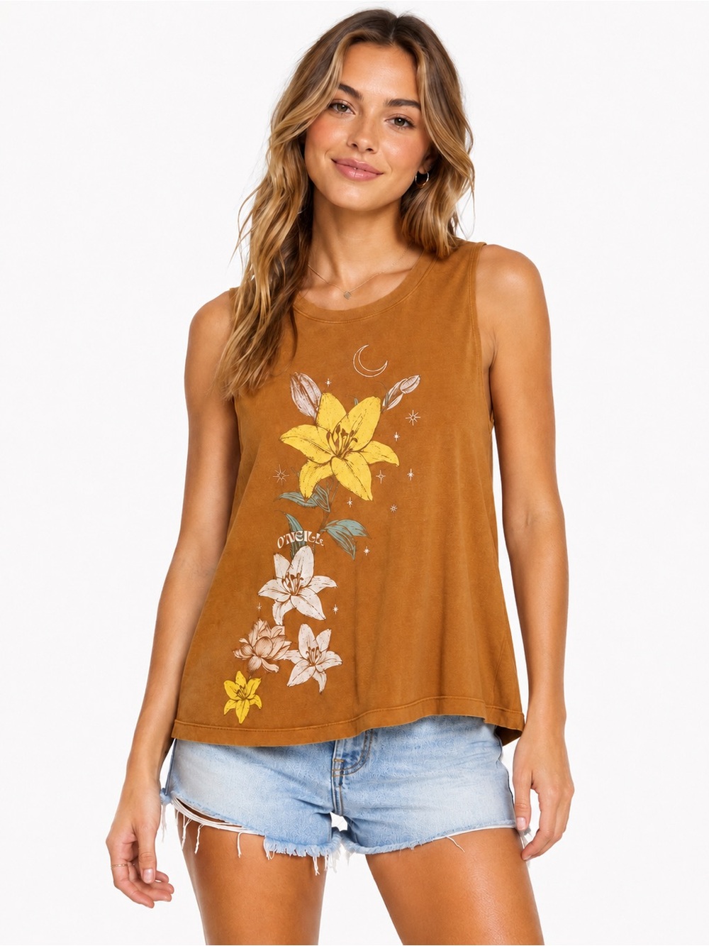 O’Neill Floral Graphic Swing Tank Top Brown Boho Sleeveless Tee Size M Beachy